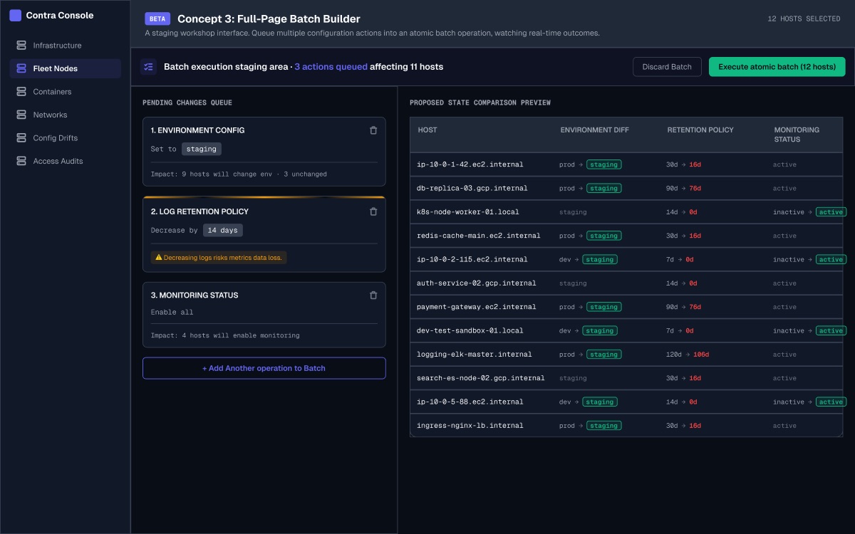 A dark two-pane layout with a queue of three pending operations on the left and a full proposed-state comparison table on the right.