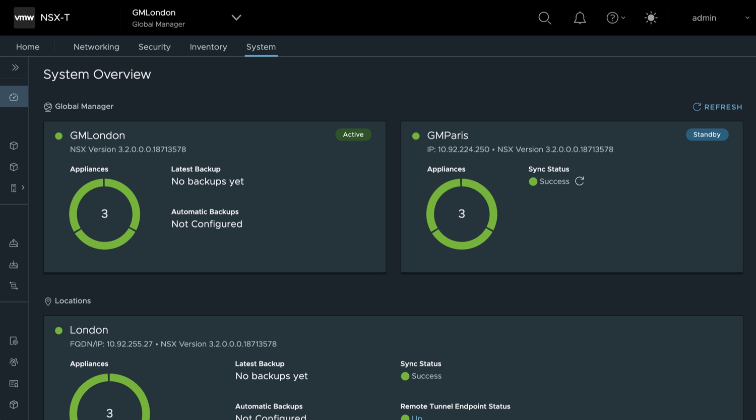 The original NSX Global Manager System Overview: large cards, one per location, each with a donut chart of appliances and fields for backup and sync status. Two cards fill the viewport.