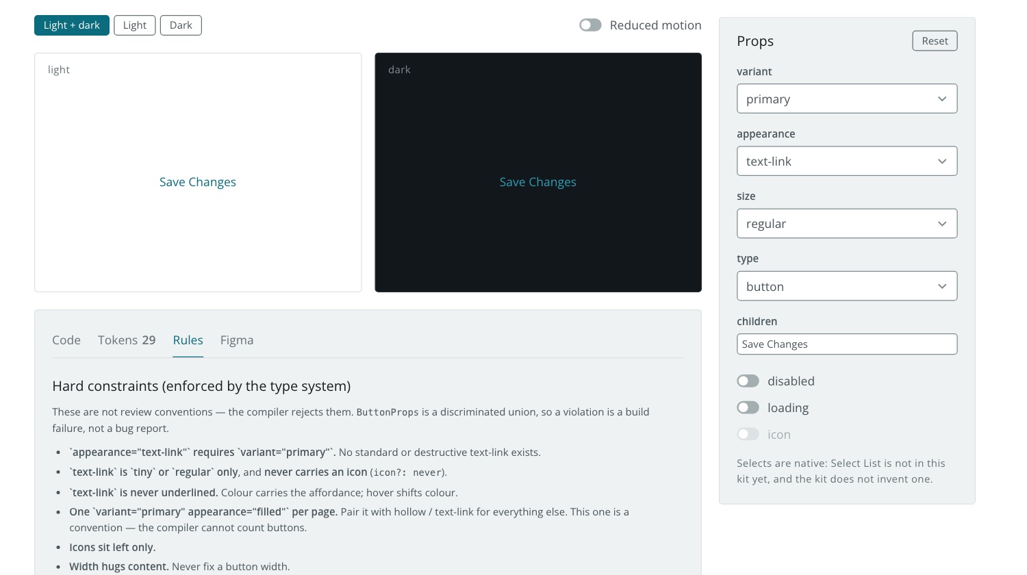 The Vela playground: a Button component rendered light and dark, with variant, appearance and size controls; appearance is set to text-link and the Rules panel below states the constraint that text-link requires the primary variant.