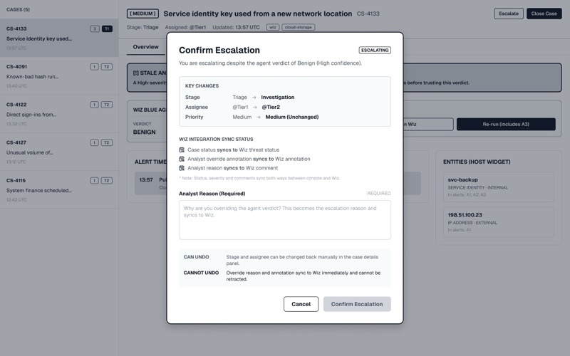 R3's escalation confirmation: key changes listed, a sync-status list, a required analyst reason, and a split of what can and cannot be undone.