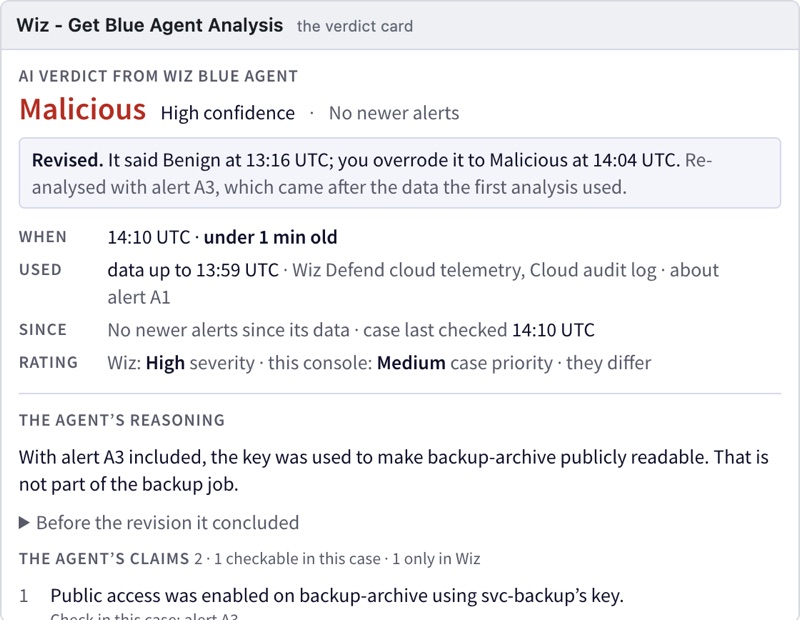 The revised card: Malicious and No newer alerts, with a note that it said Benign at 13:16 UTC and the analyst overrode it to Malicious at 14:04 UTC, re-analysed with alert A3. Made 14:10 UTC, under 1 min old, with data up to 13:59 UTC; the earlier conclusion kept below the new one.
