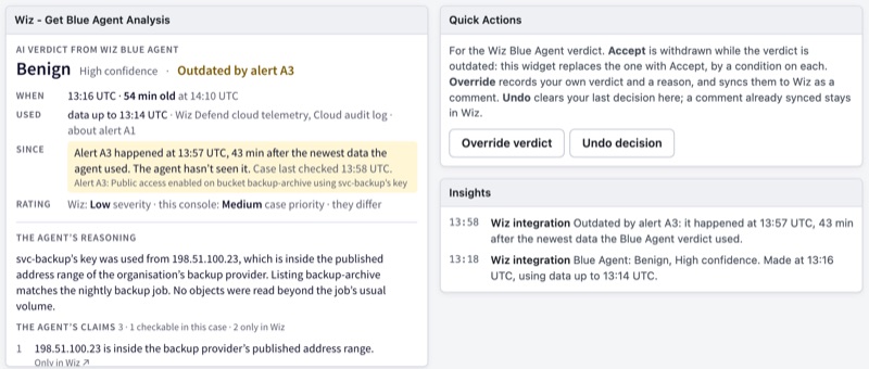 The console's Overview after a decision: the card on the left, still outdated; on the right, the Quick Actions widget with Override and Undo, its description saying Accept is withdrawn while the verdict is outdated, and an Insights widget with the integration's two lines: the verdict with its time, and Outdated by alert A3.